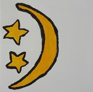 A hand-painted acrylic crescent moon in yellow with two stars beside it, on a pale square canvas
