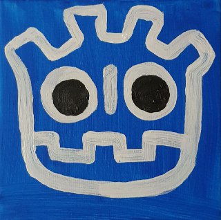 A hand-painted acrylic version of the Godot Engine logo, a white robot-like face on a bright blue square canvas