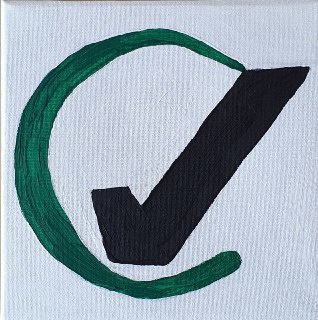 A hand-painted acrylic tick inside a green circle, on a white square canvas